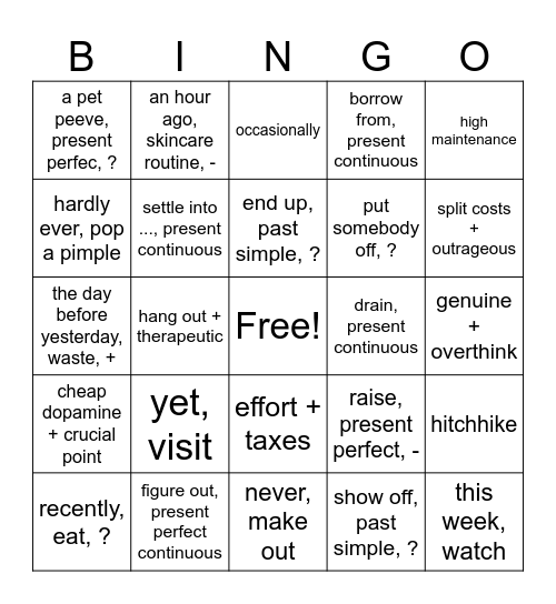 Grammar Party Bingo Card