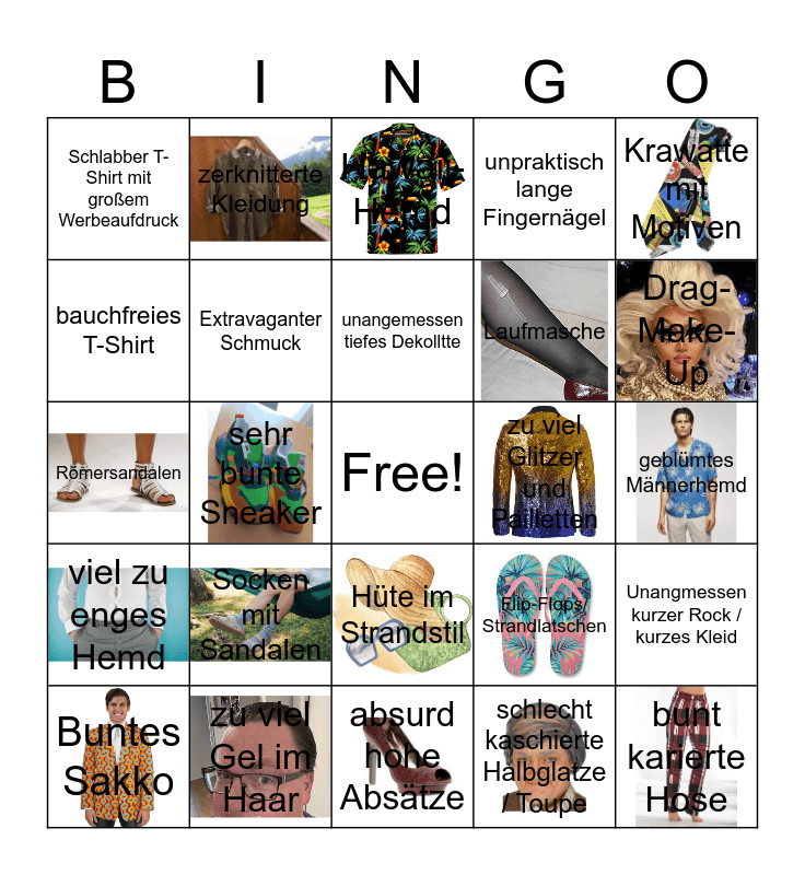 Aussehen und Kleidung - schlechter Geschmack Bingo Card