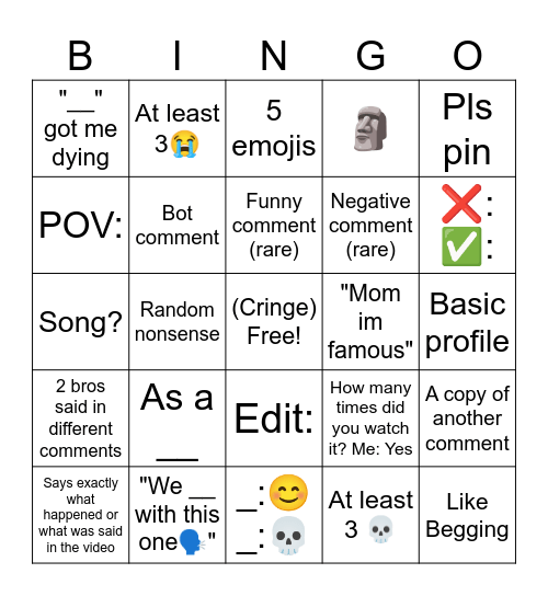 Youtube short comment sections Bingo Card