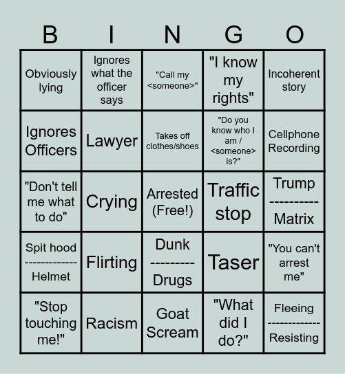 Body cam Bingo Card