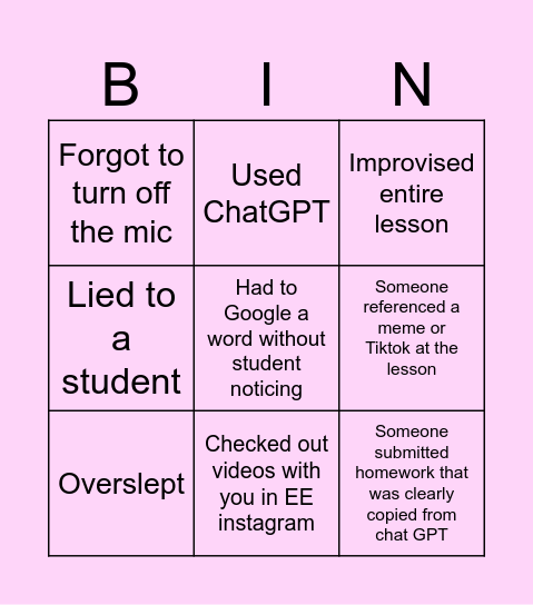 EE Bingo Card Bingo Card