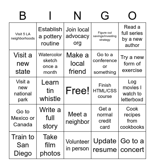 Hannah 2025 Vision Board Bingo Card