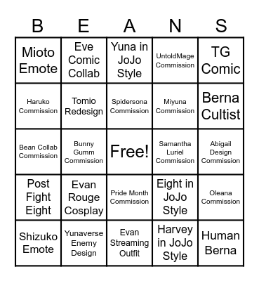 Chara Commission Bingo 2025 Bingo Card