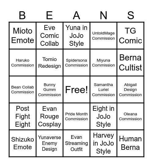 Chara Commission Bingo 2025 Bingo Card