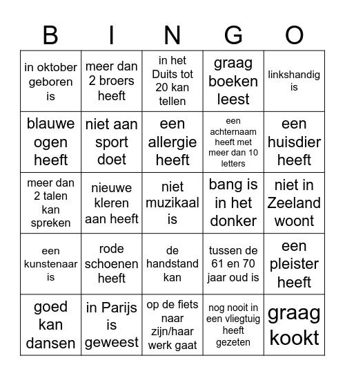 Zoek iemand die.... Bingo Card