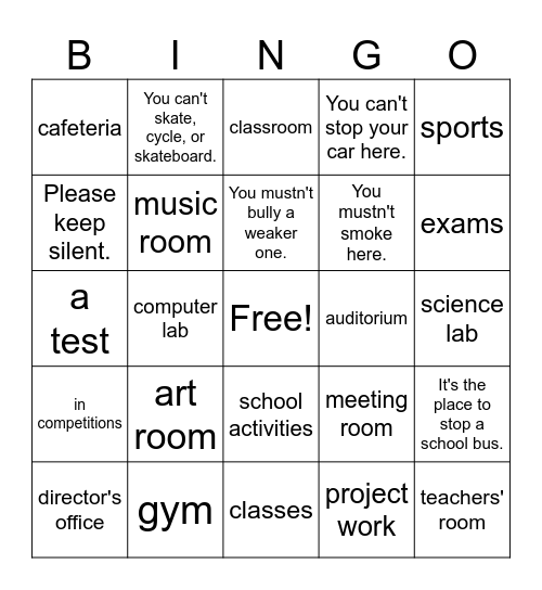 rooms in schools, verbs, and warning signs Bingo Card