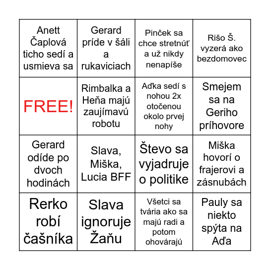 ŽAŇA Bingo Card