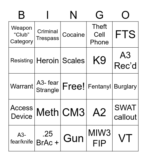 Contraband Bingo Card