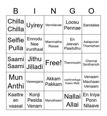 Tamil Songs Bingo Card