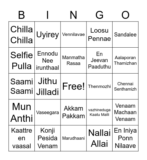 Tamil Songs Bingo Card