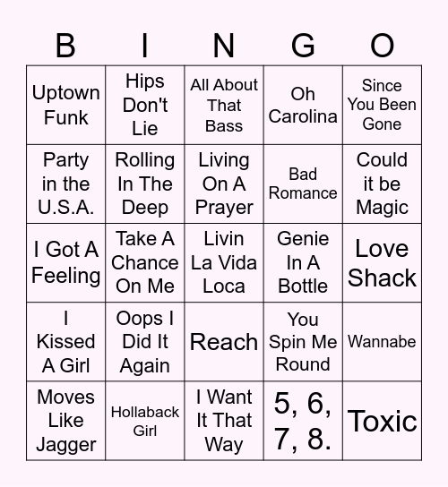 Pop Music Bingo Card