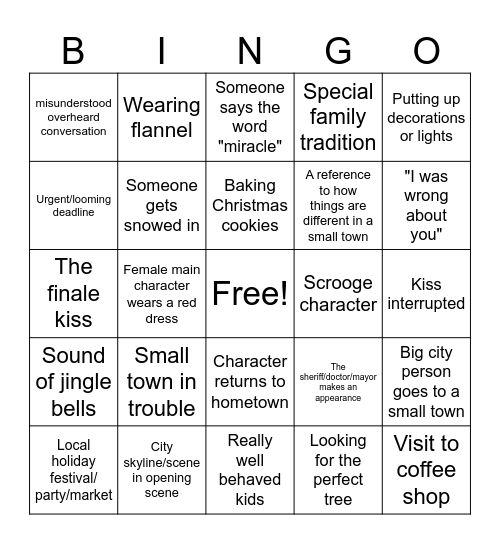 Christmas Hallmark Movie Bingo Card