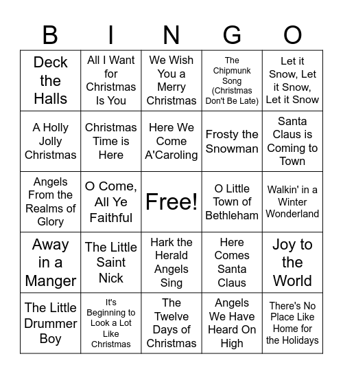 Christmas Song Bingo Card