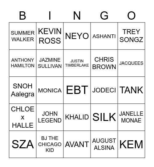 R & B Bingo Card