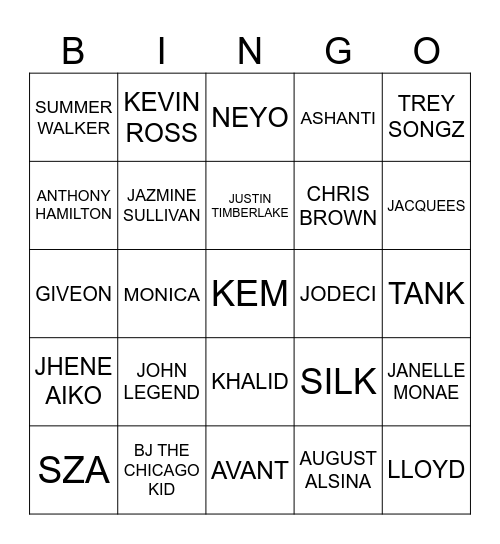 R & B Bingo Card