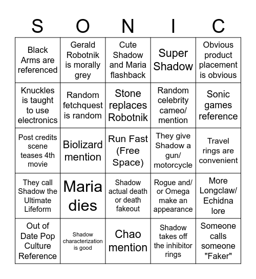 Sonic Movie 3 Bingo Card Bingo Card