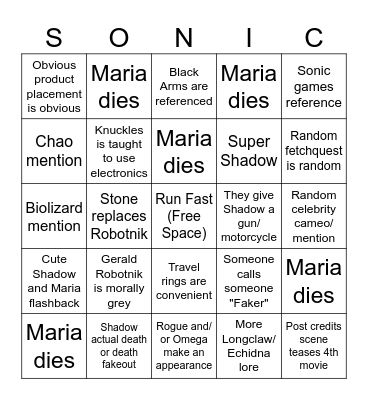 Sonic Movie 3 Bingo Card Bingo Card