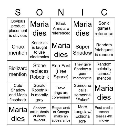 Sonic Movie 3 Bingo Card Bingo Card