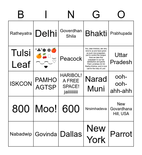 Hare Krishna ISKCON bingo Card