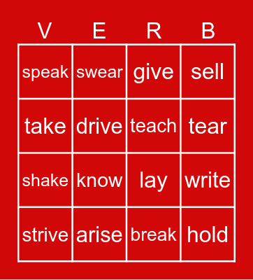 Irregular Verbs Bingo Card