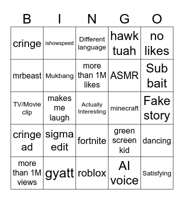 YT Shorts bingo Card