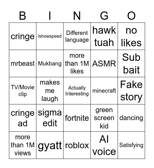 YT Shorts bingo Card