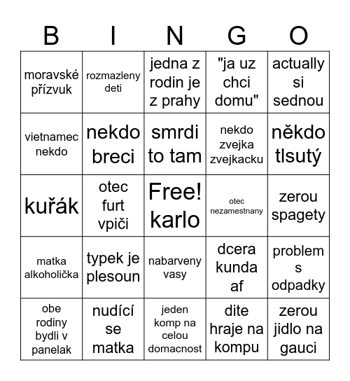 výměna manželek Bingo Card