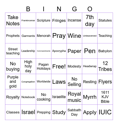 Sabbath Day Bingo Card