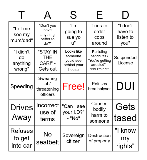 People Getting Arrested Bingo Card