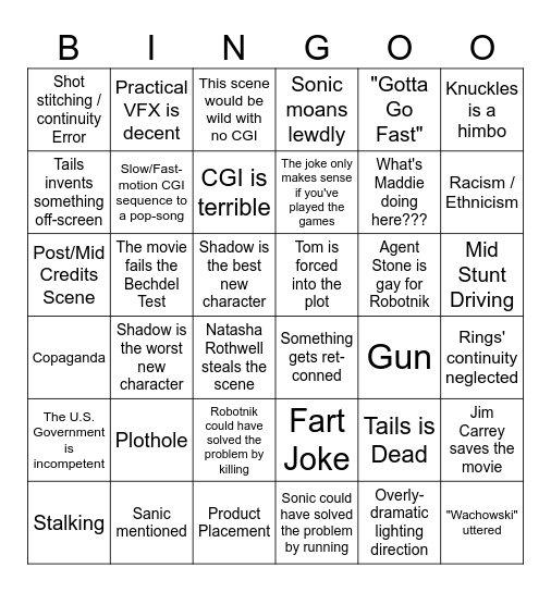 Sonic 3 for Best Picture Bingo Card