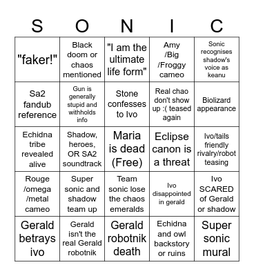 Sonic movie bingo Card