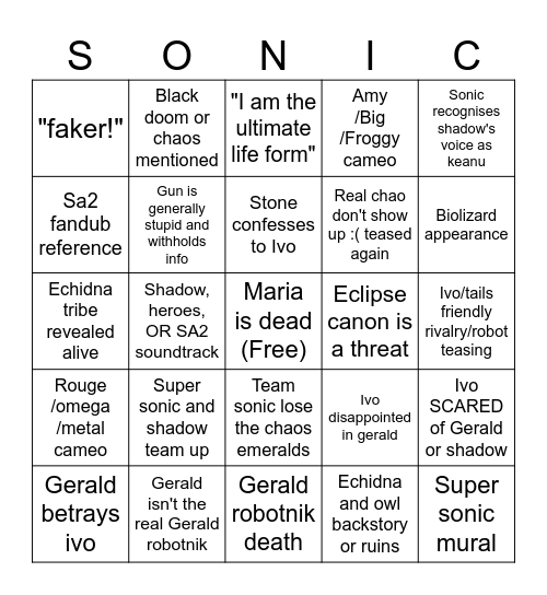 Sonic movie bingo Card