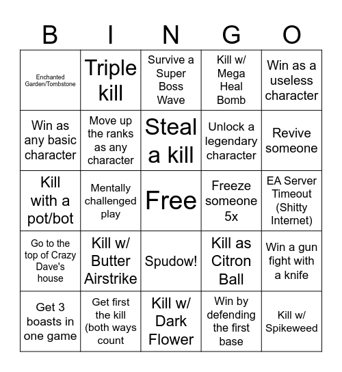 Garden Warfare 2 Bingo Card