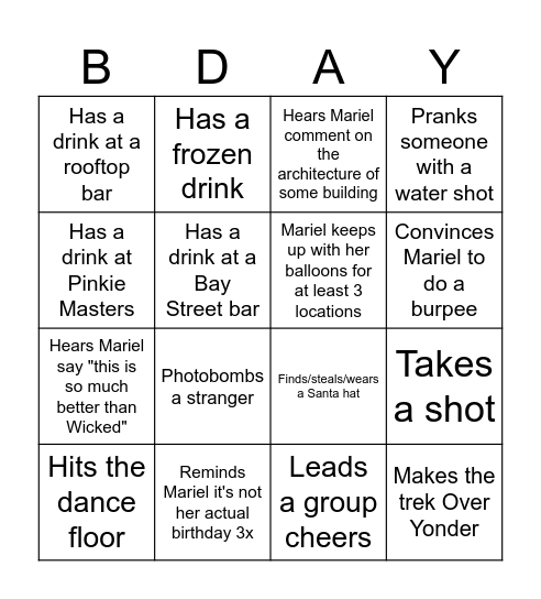 Mariel's Bday Bash Bingo Card