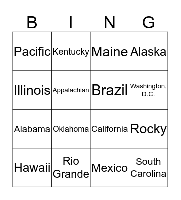 Basic US Geography Bingo Card