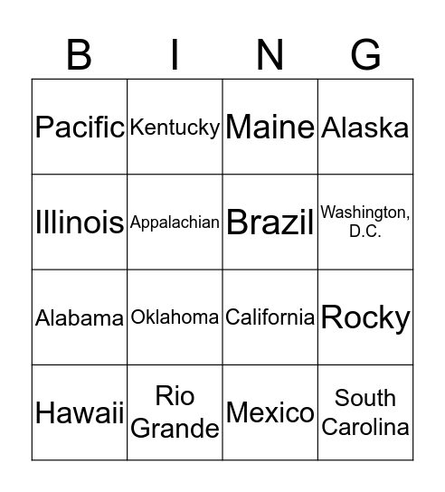 Basic US Geography Bingo Card
