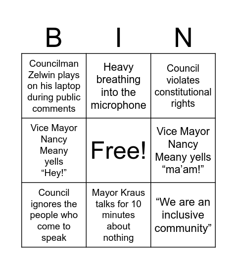 Solon City Council Bingo Card