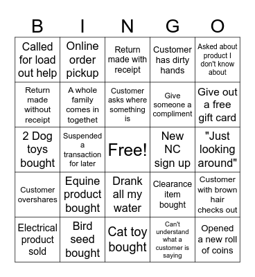 Tractor Supply Cashier Bingo Card