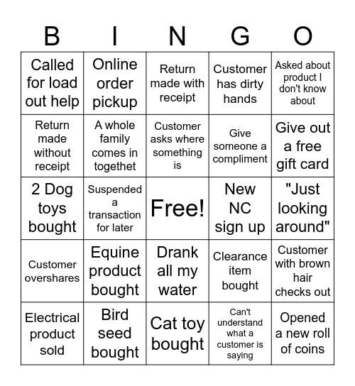 Tractor Supply Cashier Bingo Card