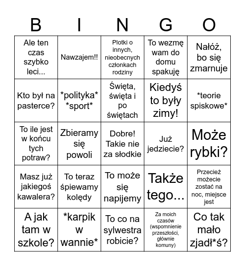 Typowe Polskie święta Bożego Narodzenia Bingo Card