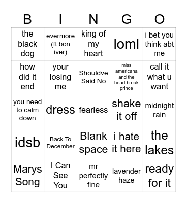 Taylor Swift Bingo Card