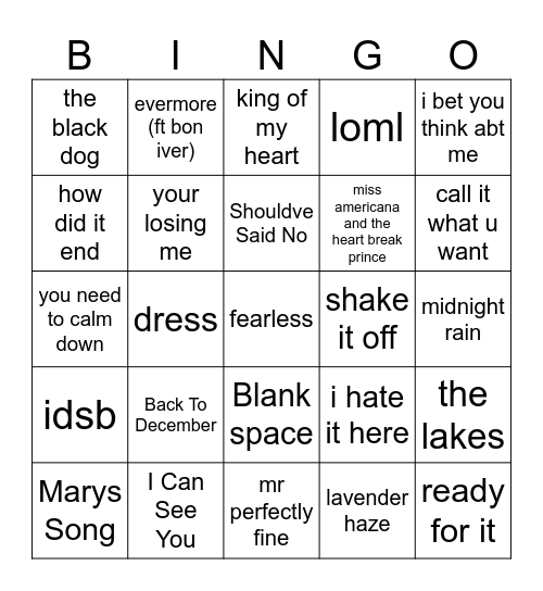 Taylor Swift Bingo Card