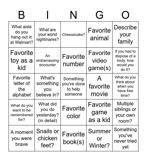 Relationship Building Bingo Card