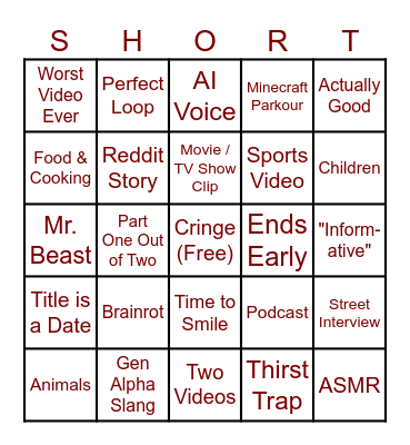 YouTube Shorts Bingo Card