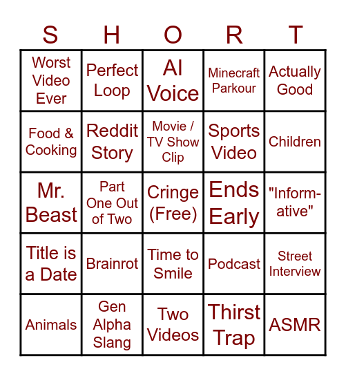 YouTube Shorts Bingo Card