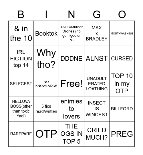 2024 AO3 MOST SHIPPED BINGO Card