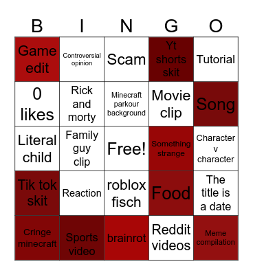 YouTube shorts Bingo Card