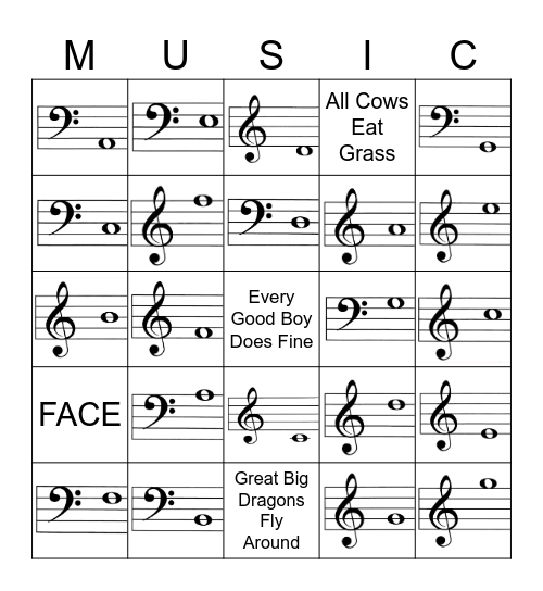 Draut Note Names (Grand Staff) Bingo Card