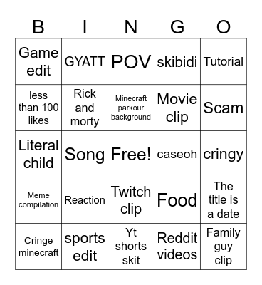 YouTube shorts Bingo Card