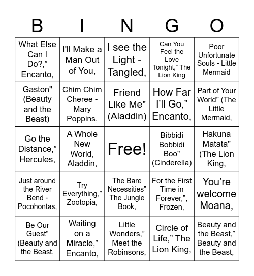 Disney Bingo Card